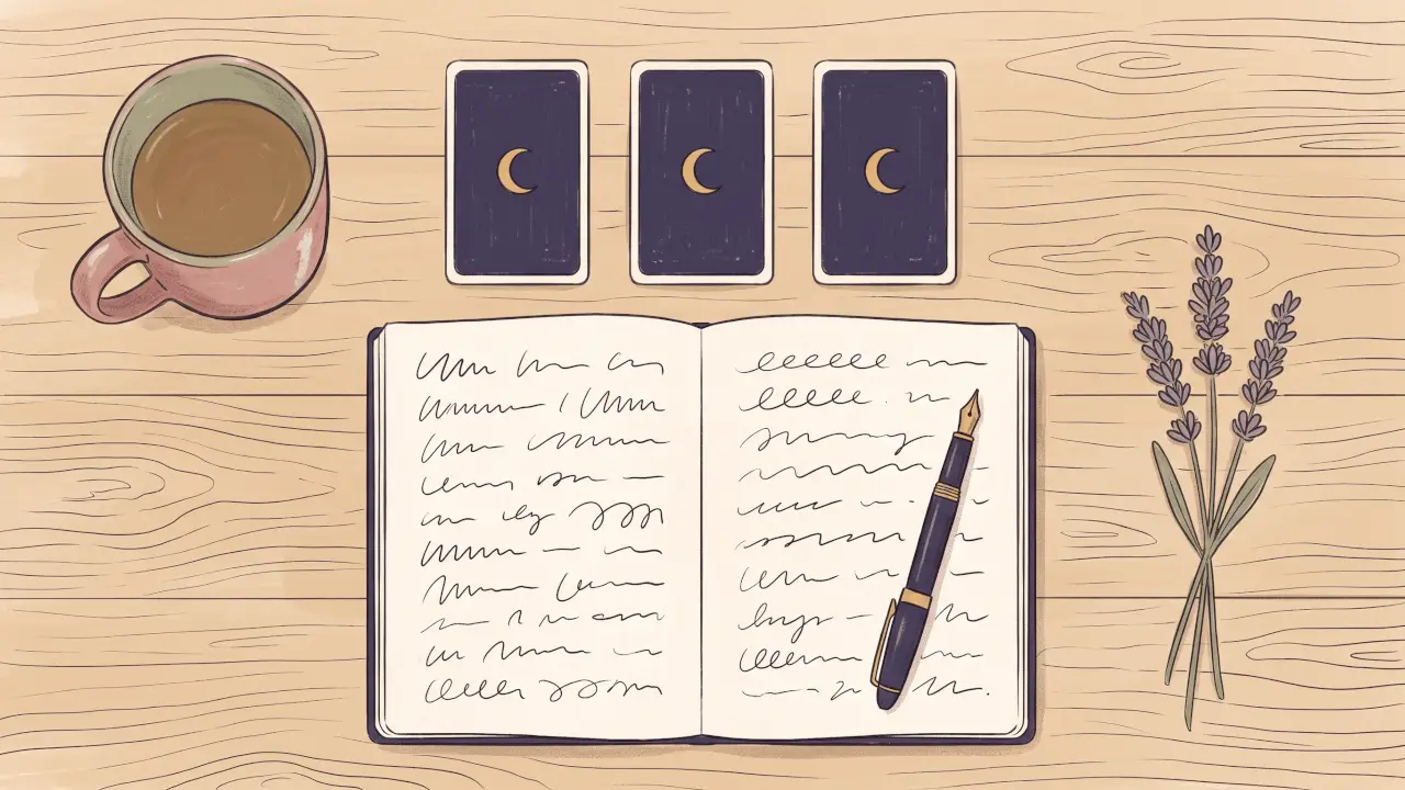 A desk seen from above: an open notebook with handwritten notes, a fountain pen, three face-down tarot cards in a row, a mug of tea and a sprig of lavender