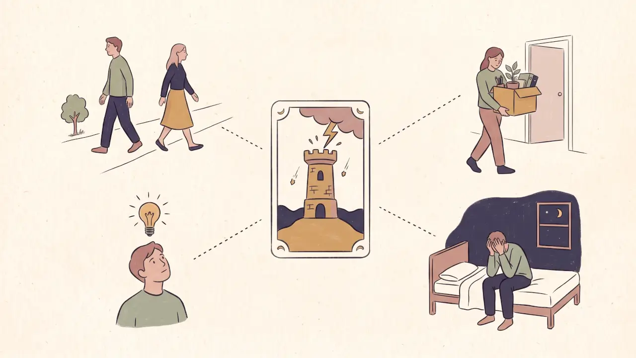 One Tower card linked by dotted lines to four scenes: a couple parting, someone carrying a box out of an office, a person awake at night, and a lightbulb moment