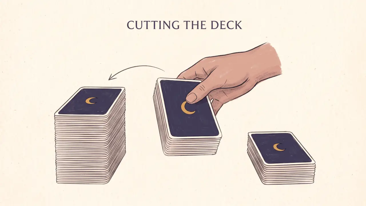 Cutting the deck diagram: a tarot deck split into three face-down stacks
