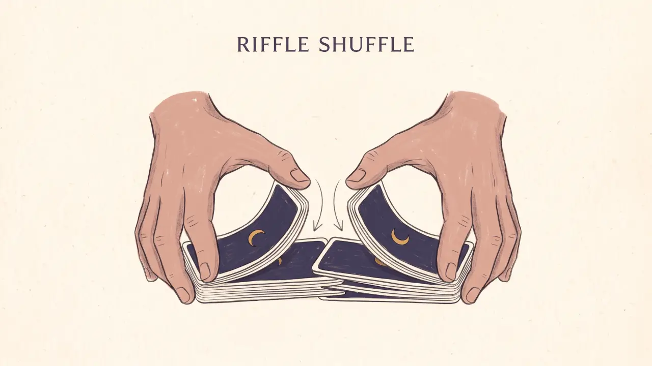 Riffle shuffle diagram: two halves of a tarot deck interleaving