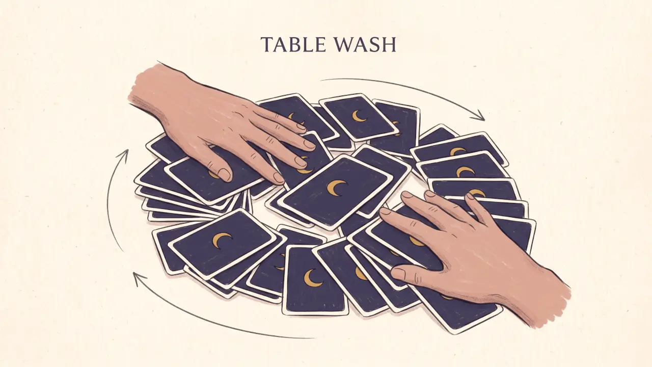 Table wash diagram: tarot cards spread face down and mixed by hand in circles