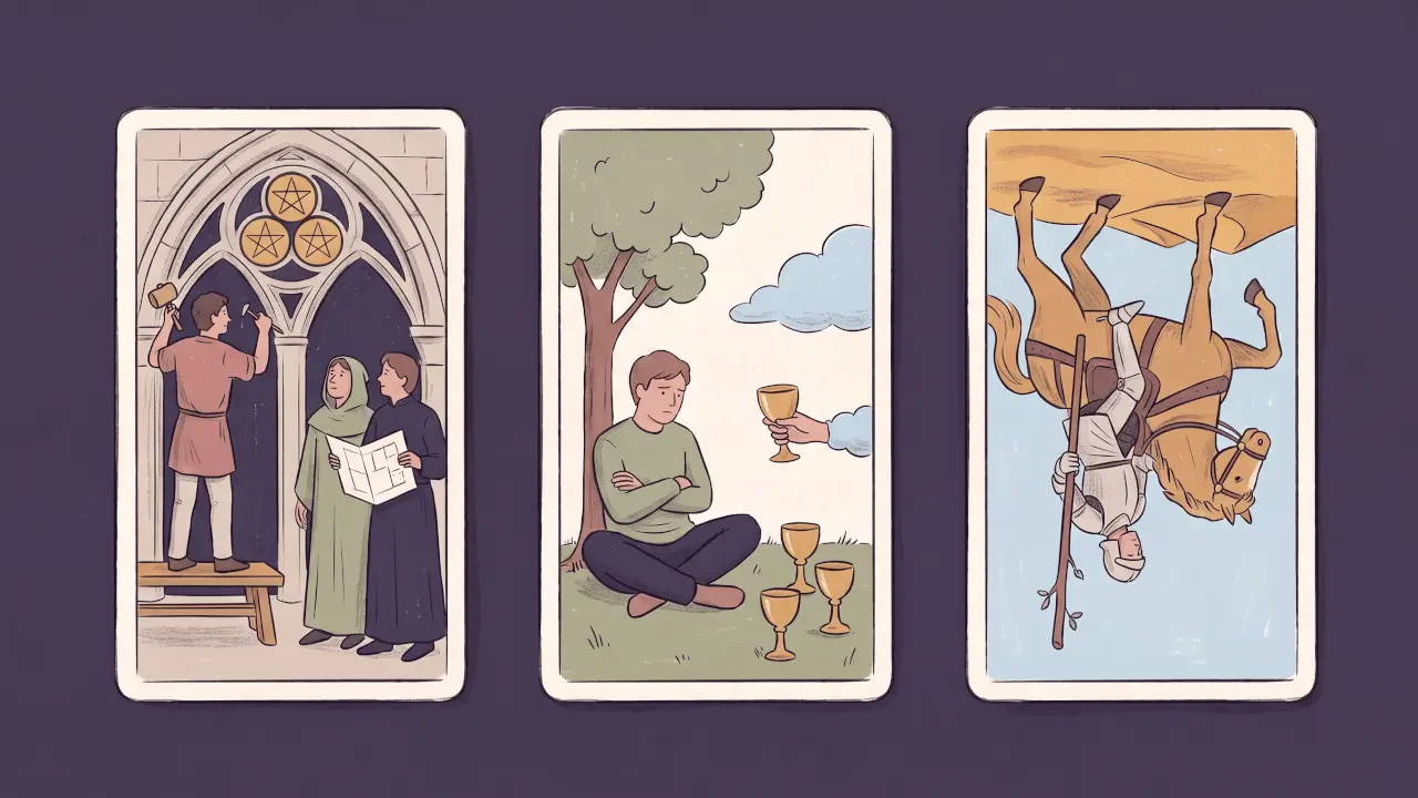Masada yan yana üç tarot kartı: Üçlü Tılsımlar, Dörtlü Kadehler ve ters duran Şövalye Asalar
