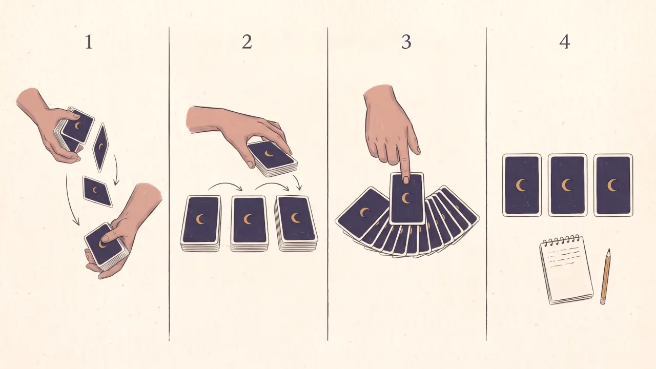 Tarot okumasının dört adımı: desteyi karıştırmak, sol elle üç parçaya kesmek, yelpaze gibi açılmış desteden kart seçmek ve üç kartı yan yana dizip deftere not almak