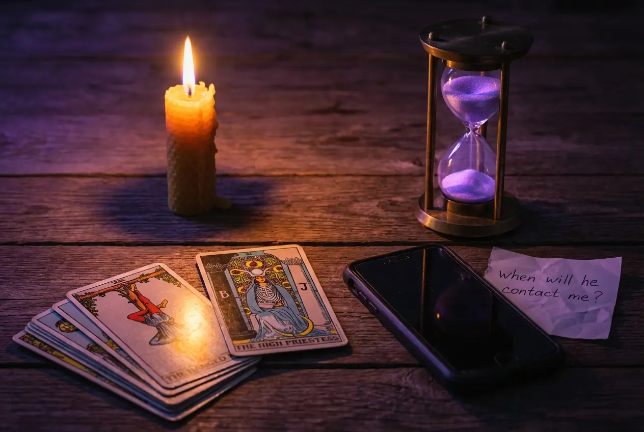 Wann meldet er sich - Sanduhr und Tarotkarten